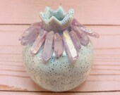 Pastel Speckled Blue Ceramic Pomegranate With Purple Quartz Crystals