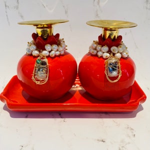 Bright Red Glazed Ceramic Pomegranate Candlestick set with Matching Tray, Pearls, Stone and Gold Wire Pendants