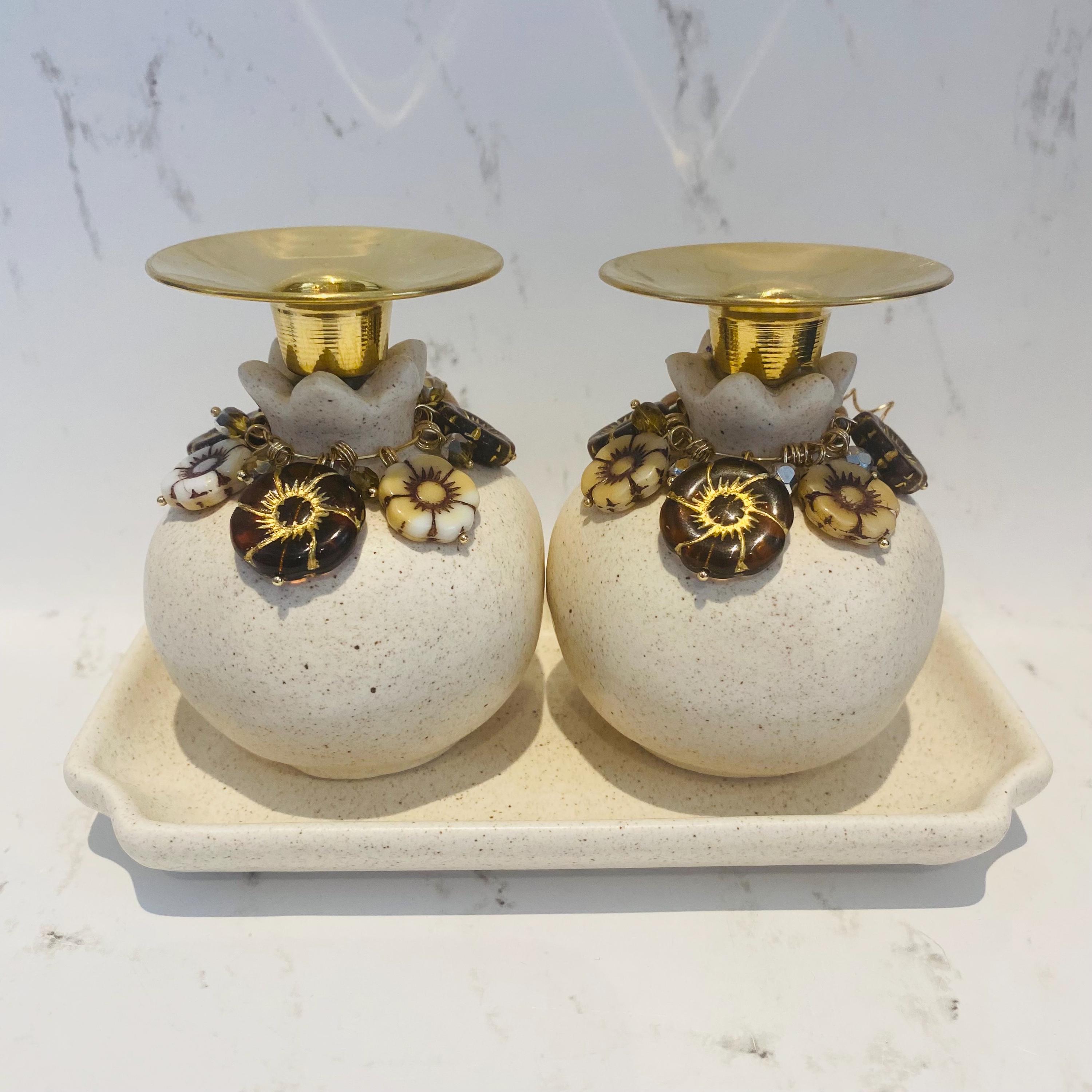 Cream Glaze Pomegranate Candle Set with Tray, Embellished with Czech Glass Flower Beads