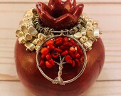 Glitter Red Ceramic Pomegranate With Coral Tree of Life and Silver Tone Beads