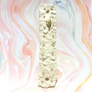 Cream Floral Mezuzah Case with Gold Shin and Vegan Pearl Embellished Flowers