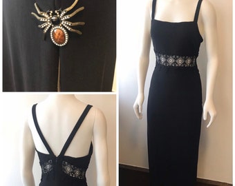 Jessica McClintock Gunne Sax Formal Evening Dress - Black High Slit Sleeveless with Spider