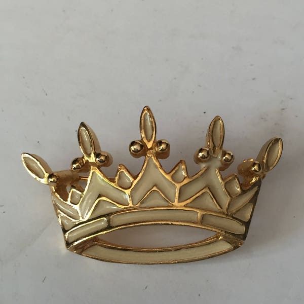 Vintage Polcini Gold and Pearl Enamel Crown Brooch
