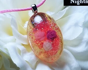 Pink Rose Trio Oval Pendant Necklace