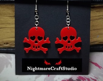 Spooky Hearted - Red Acrylic Skull Earrings