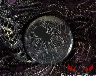 Gothic Black Spider on Spiderweb 1.25in Button Pin