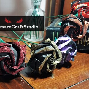 Glitter Halloween Origami Roses in Black, Orange, Purple, and Red with Stems
