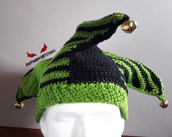Green and Black Crochet Jester Hat with Jingle Bells