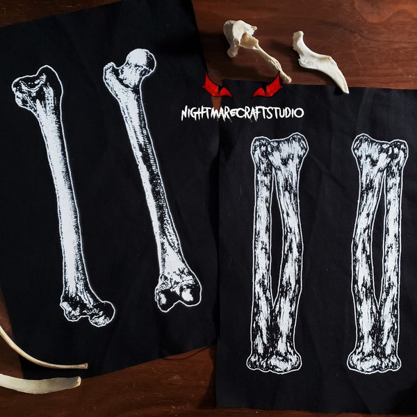 Bones Set of 2 Screenprinted Cloth Patches - Arm or Leg Skeleton Bones