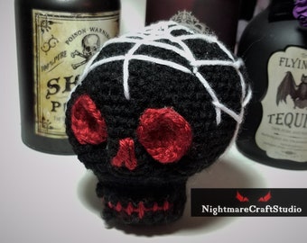 Spiderweb Red and Black Crochet Plush Skull