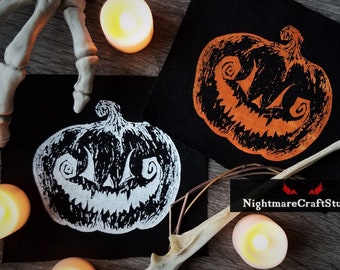 Grinning Gothic Jack-O-Lantern Pumpkin Cloth Patch - Screenprinted Sew-on Patch