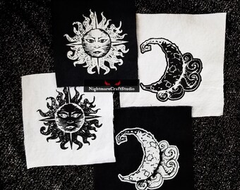 Parche de tela serigrafiado con diseño de sol o luna para coser.