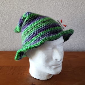 May include: Green and purple striped crocheted hat with a pointed crown and a wide brim. The hat is on a white mannequin head.