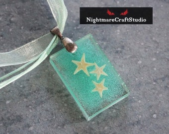Starfish Aquatic Blue Rectangular Resin Pendant Necklace