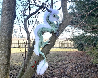 Green Speckled Eastern Dragon Crochet Soft Sculpture