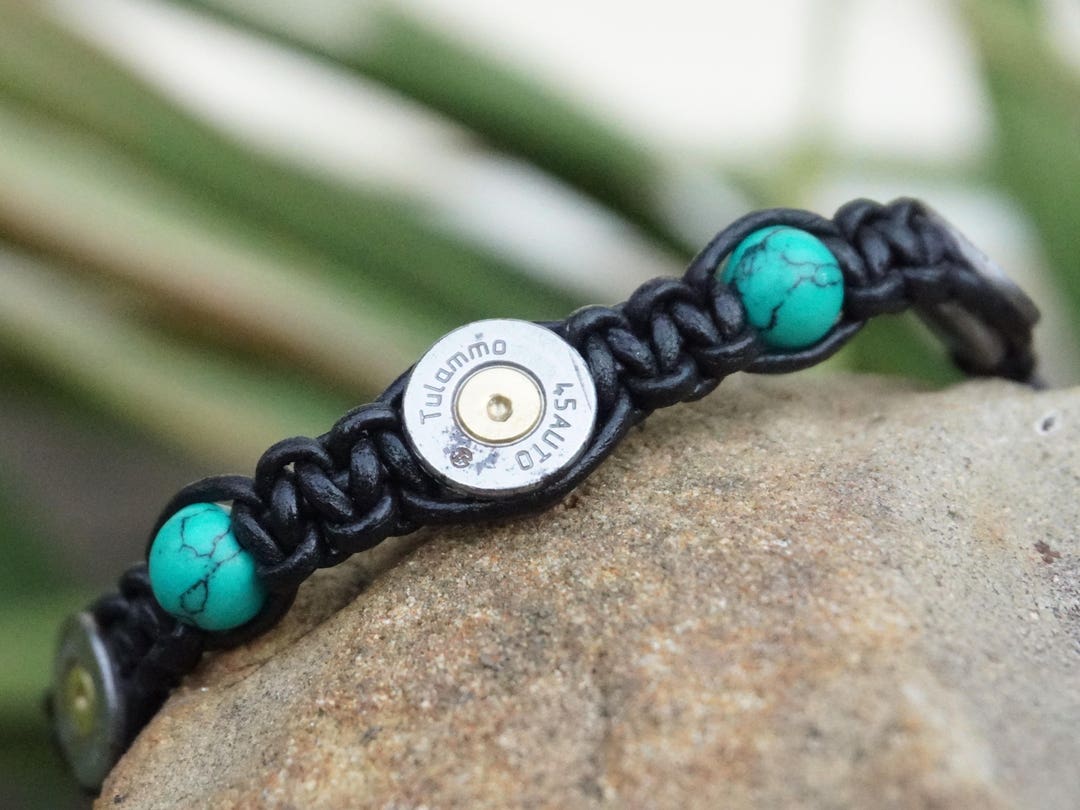 45 Caliber Bullet Shell Bracelet With Woven Leather Cord and Howlite ...