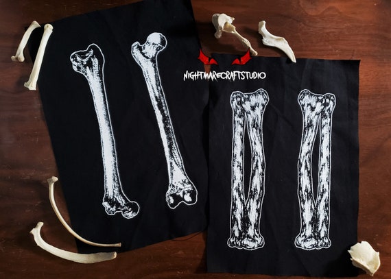 Bones Set of 2 Screenprinted Cloth Patches - Arm or Leg Skeleton Bones