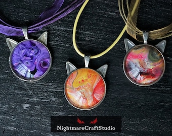 Cat Ears Acrylic Pour Painting Pendant Necklace
