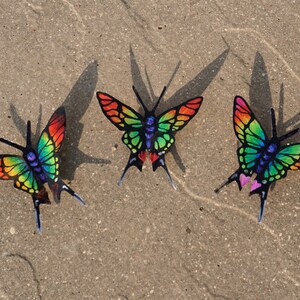 May include: Three colorful butterflies with iridescent wings. The butterflies are arranged in a triangular pattern on a sandy surface. The butterflies are red, green, blue, and yellow.