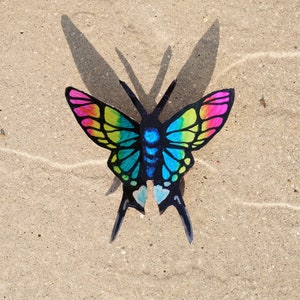 May include: A colorful butterfly with blue, green, yellow, and pink wings is on a sandy surface. The butterfly has black markings and a black body.