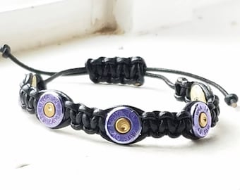 Purple .40 Bullet Shell Bracelets with Black Leather Cord