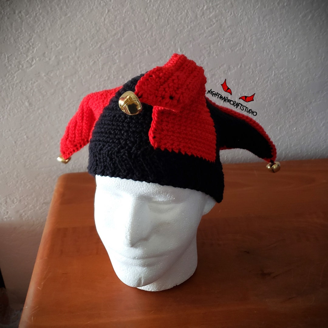 Red and Black Crochet Jester Hat