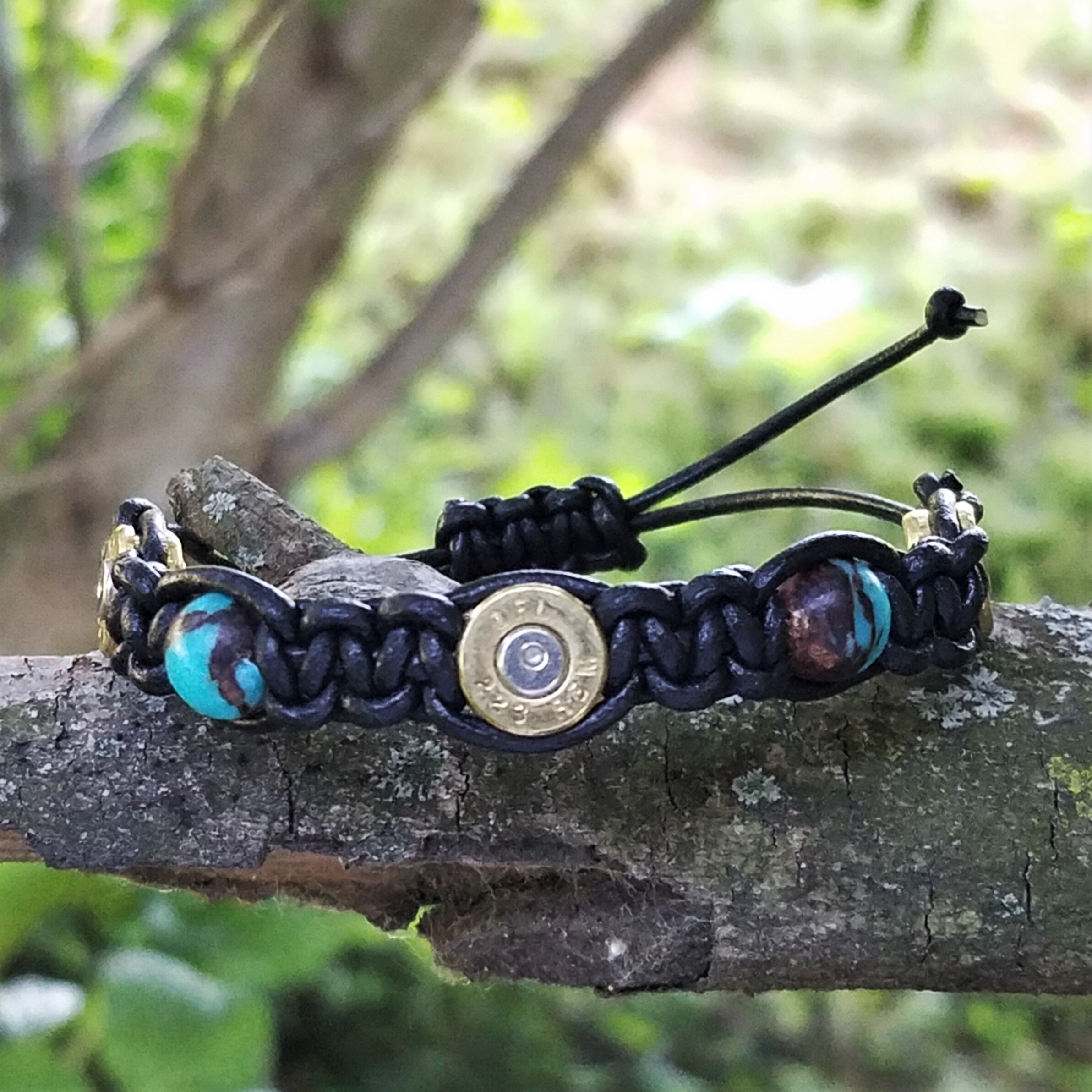 Brass Bullet Shell Bracelets With Amazonite Jade Beads and Black ...