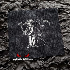 May include: Black and white illustration of a plague doctor and the Grim Reaper on a dark gray background. The image has the text "NIGHTMARE CRAFTS STUDIO" at the bottom.