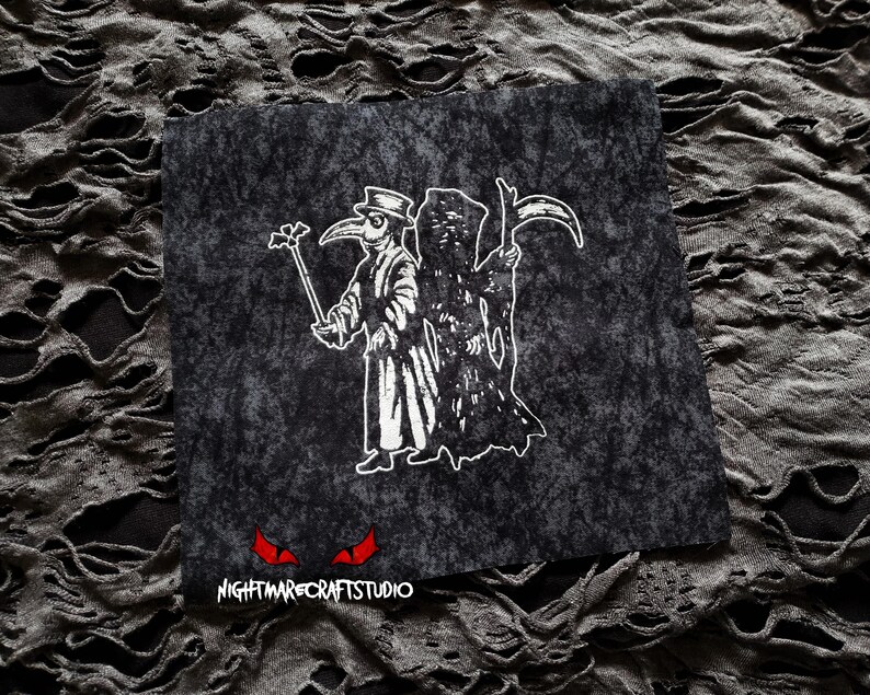 May include: Black and white illustration of a plague doctor and the Grim Reaper on a dark gray background. The image has the text "NIGHTMARE CRAFTS STUDIO" at the bottom.