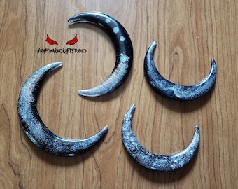Black and Rainbow Silver Glitter Resin Crescent Moon Hair Stick