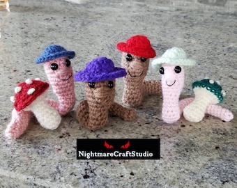 Crochet Worms Wearing Hats and Mini Mushrooms