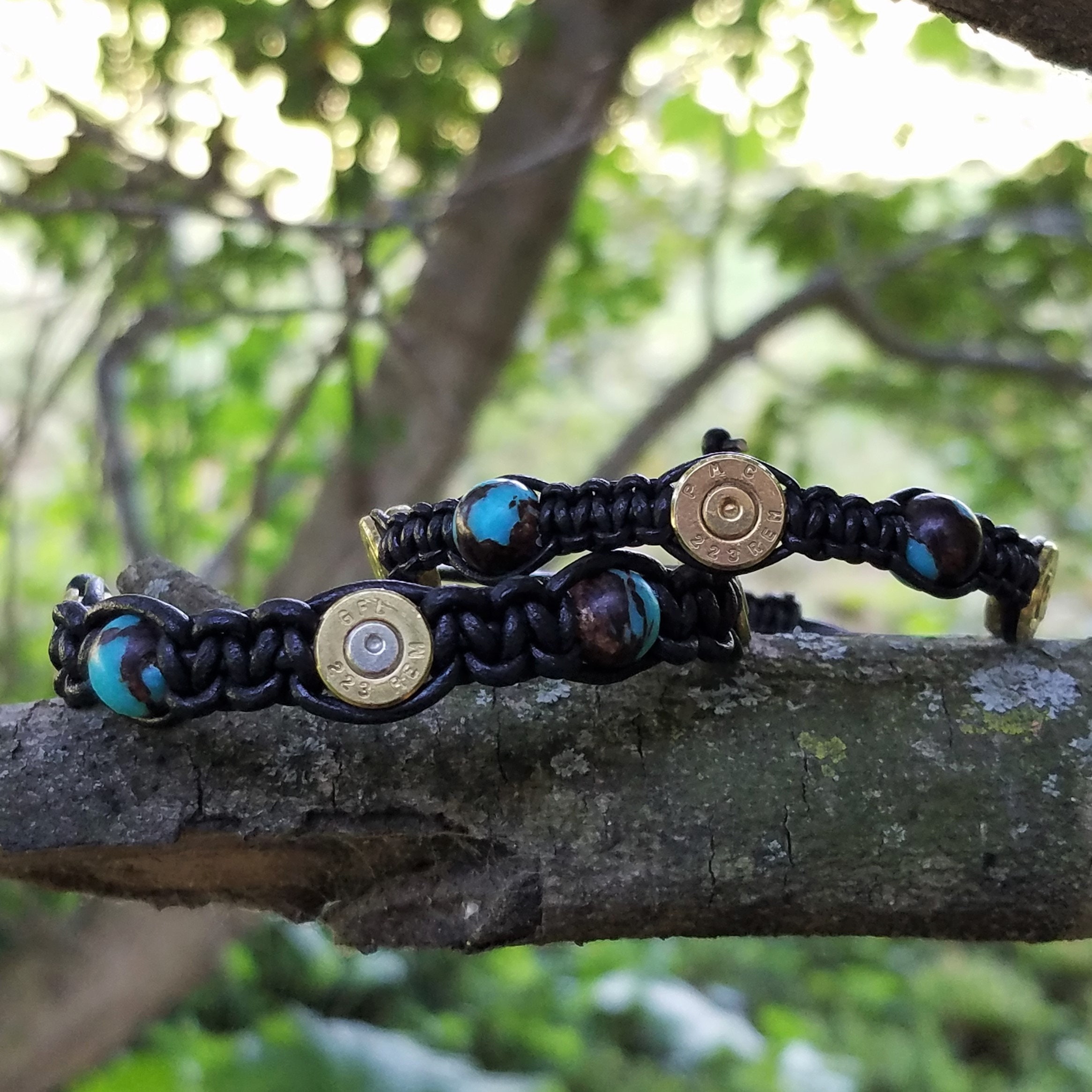 Brass Bullet Shell Bracelets With Amazonite Jade Beads and Black ...