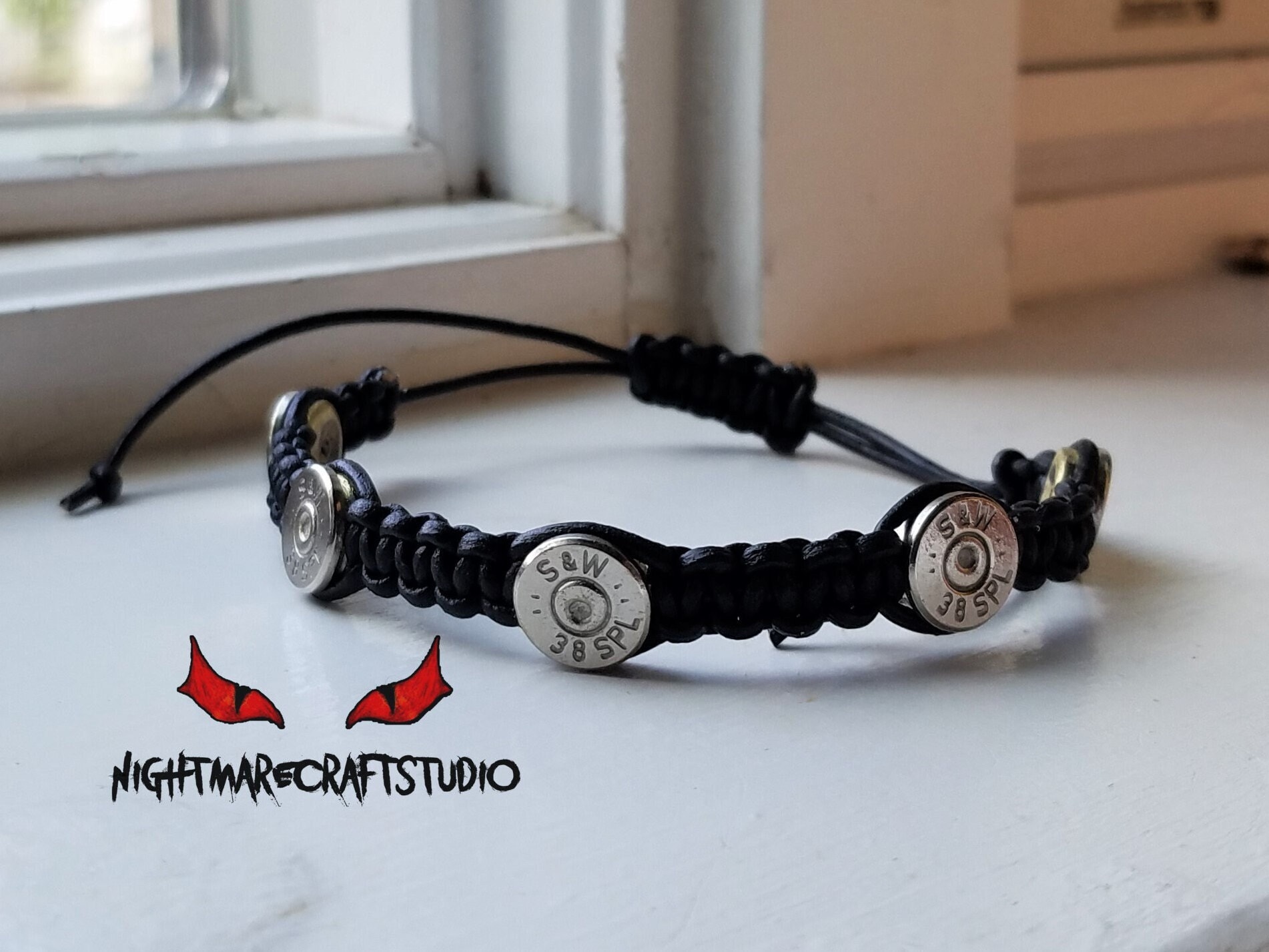 Brass or Silver .38 Special Bullet Shell Bracelet With Black Leather ...