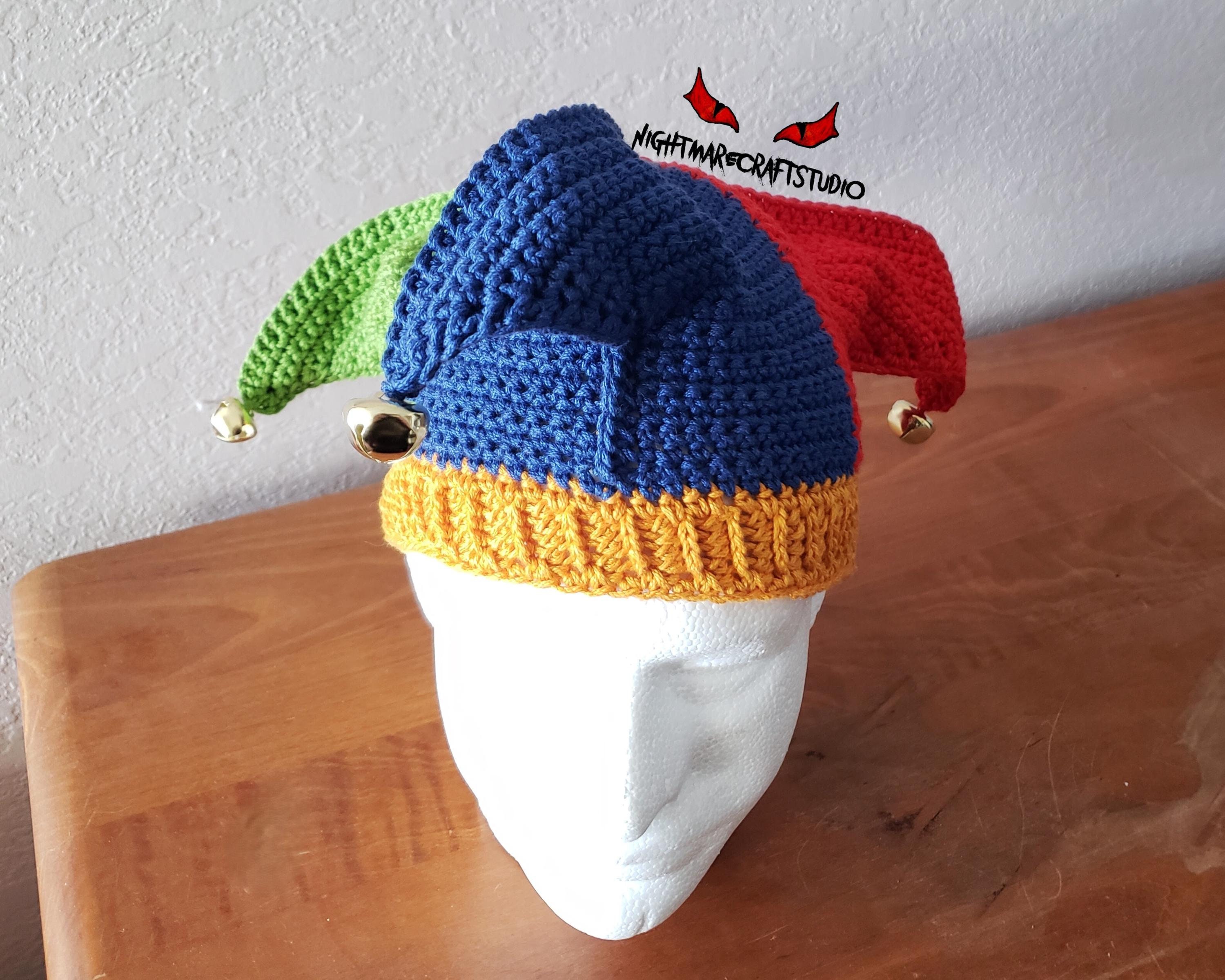 Colorful Red Blue Green & Gold Crochet Jester Hat With Jingle