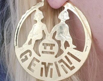 HUGE Vintage 70s Zodiac Sign Gemini Twins Gold Hoop Pierced Earrings - Large Horoscope Hoops - Astrology Birthday Gift - Shiny 2.5 Inches