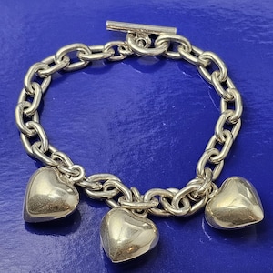 Vintage 3 Puffy Hearts 925 Chunky Sterling Silver Bracelet with Toggle Clasp - Size 6.5 - 33 grams