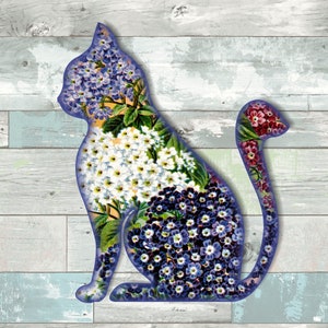 Kitty Cat With Purple And White Flowers Metal Cutout 14" She Shed Decor DH15