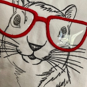Squirrel with glasses tea towel, dish towel squirrel with glasses.  Embroidery