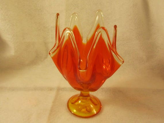 Mcm Viking Glass Handkerchief Compote Pedestal Bowl Persimmon - Viking Glass Orange Bowl Mcm Viking Glass Handkerchief Compote Pedestal Bowl Persimmon - Viking Glass Orange Bowl