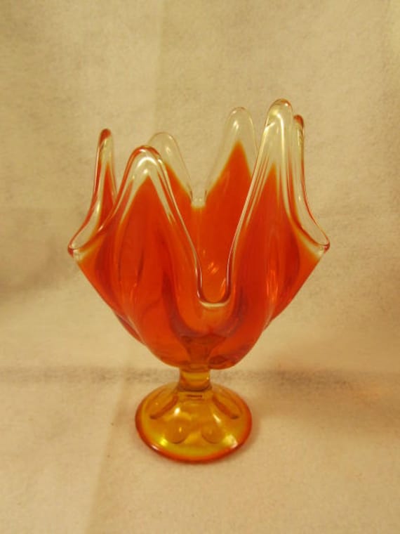 Mcm Viking Glass Handkerchief Compote Pedestal Bowl Persimmon Mcm Viking Glass Handkerchief Compote, Viking Glass Orange Bowl