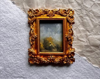Original Moody Landscape Painting Fridge Magnet in Vintage Style Gold Magnetic Frame