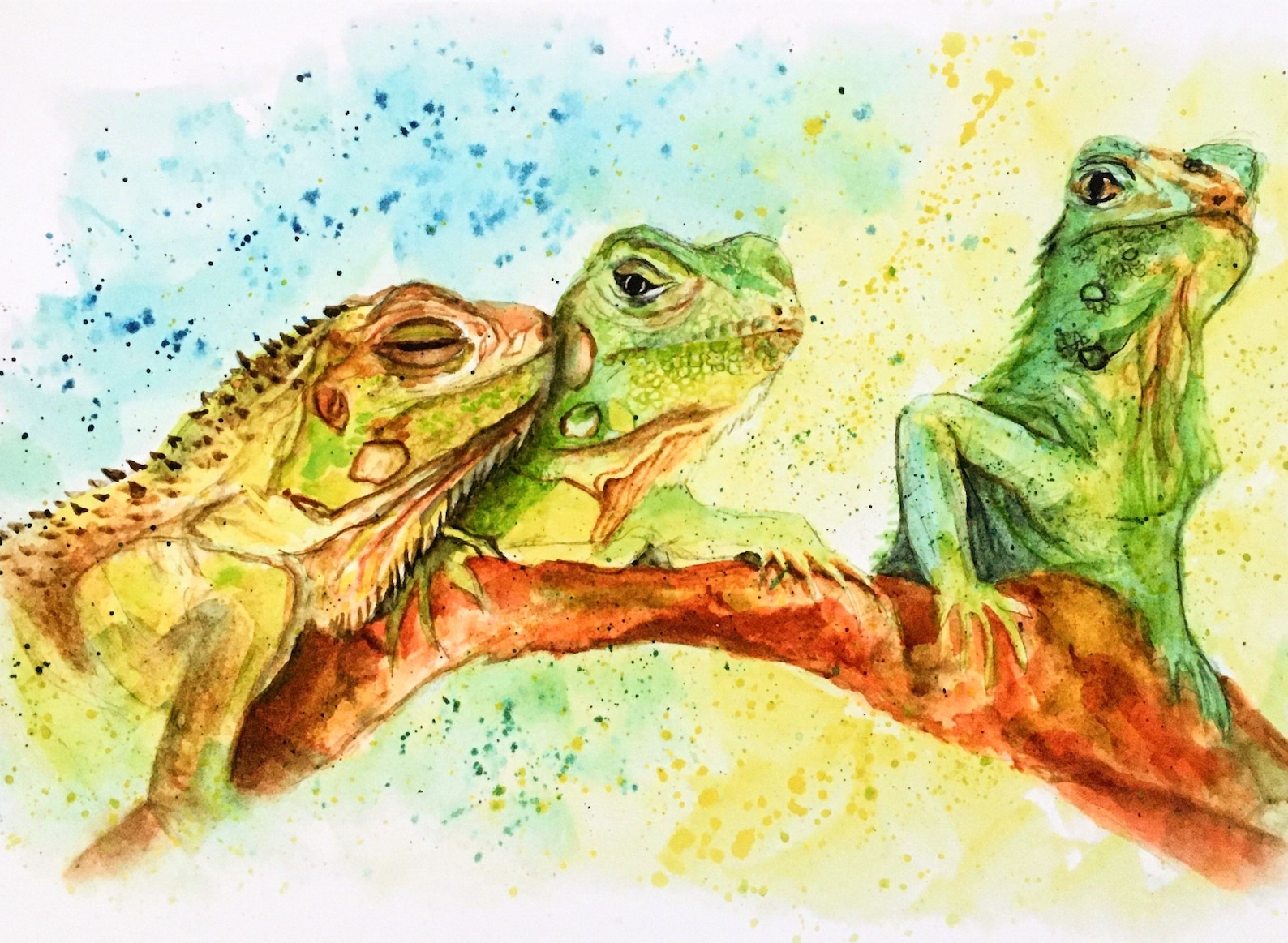 Lizards on Branch Watercolor Painting/art Print/decor/wall Art/gift