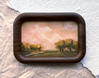 Original Moody Landscape Painting in Vintage Style Gold Frame/gold frame filigree/trees and path/clouds /