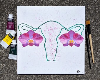 Original Floral uterus orchid acrylic on canvas 12x12