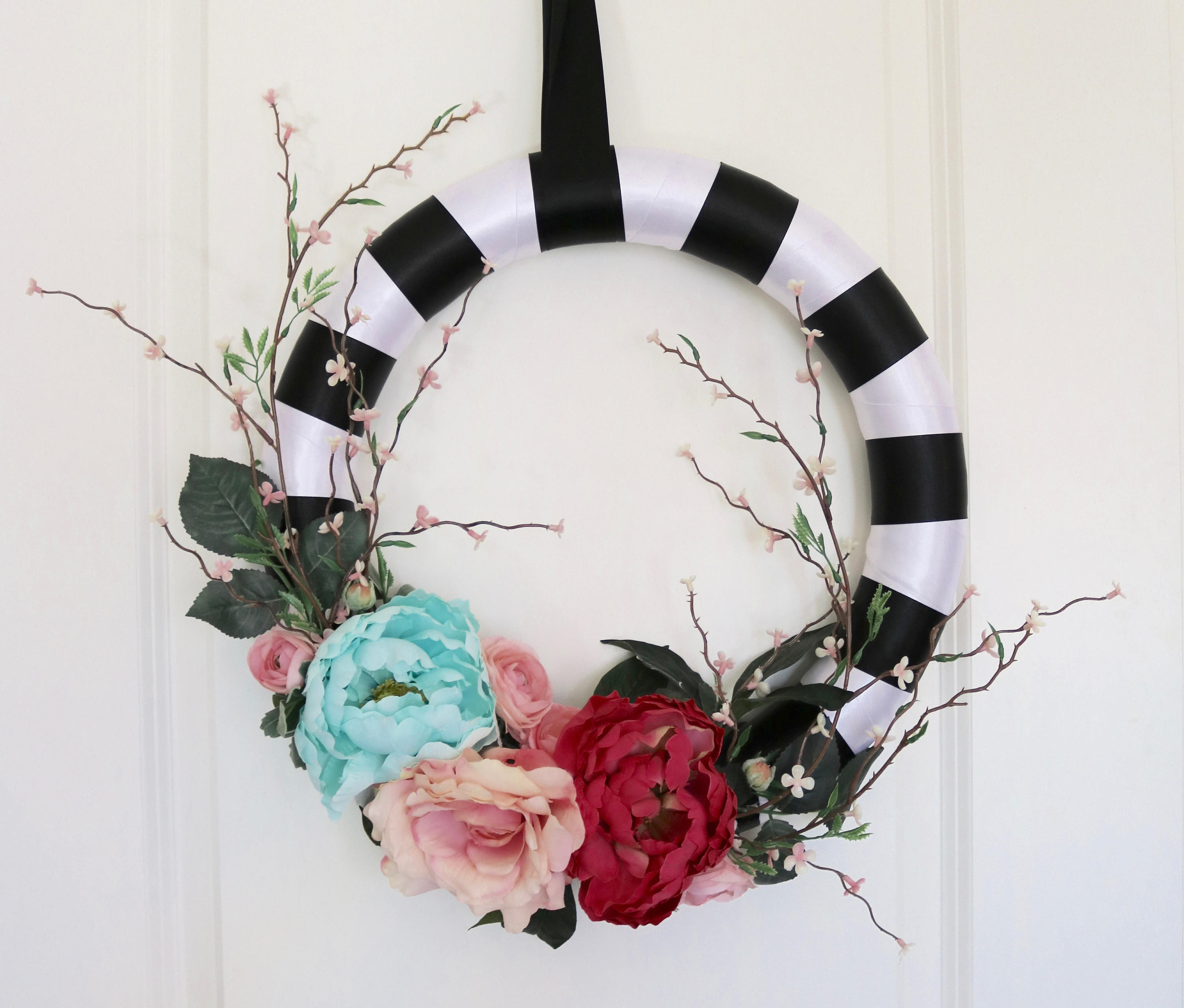 Black and White Striped Floral Wreath Pink Floral on Black | Etsy