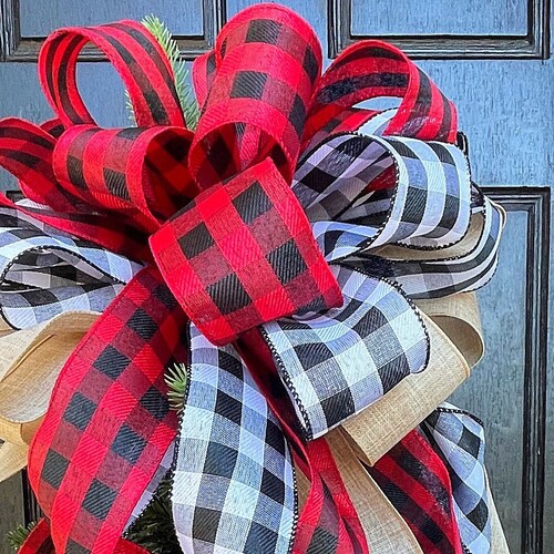 Black and White Christmas Tree Topper Bow Buffalo Plaid Etsy