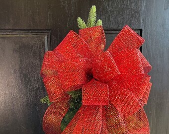 Bright red Christmas Tree Bow |Red Christmas bow | Glitter Red Tree topper |  large Red Christmas Bow