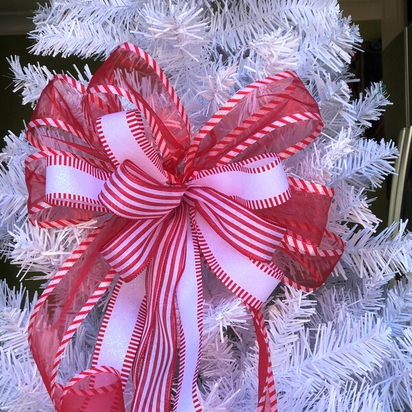 Candy Cane Christmas Tree Bow |  White Red Christmas bow | Holiday  Candy Can  Bow |  Red White Winter Christmas Bow