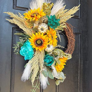 Boho Fall Wreath: Sunflower, Pumpkin, and Teal Decor