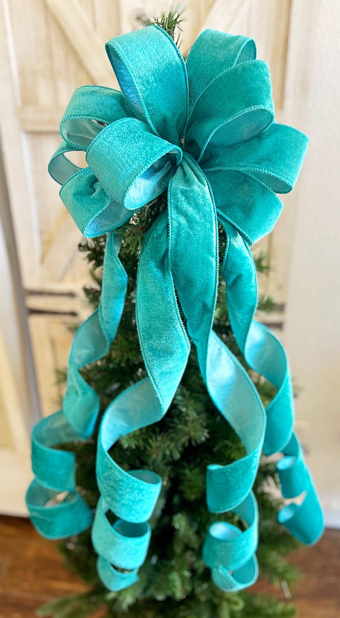 Teal Velvet Christmas Tree Topper Bow, 40-inch Streamers, Wire-edged ...